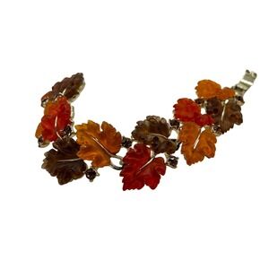 Vintage Lisner Leaf Autumn 7" Bracelet Orange Red Brown Rhinestone‎ Fall Jewelry